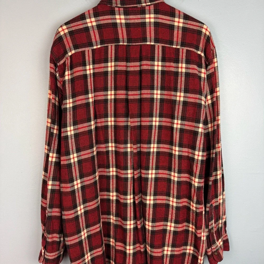 J. Crew Oarsman Flannel Shirt Men Large Tall Red Tan Plaid Long Sleeve Button Up
